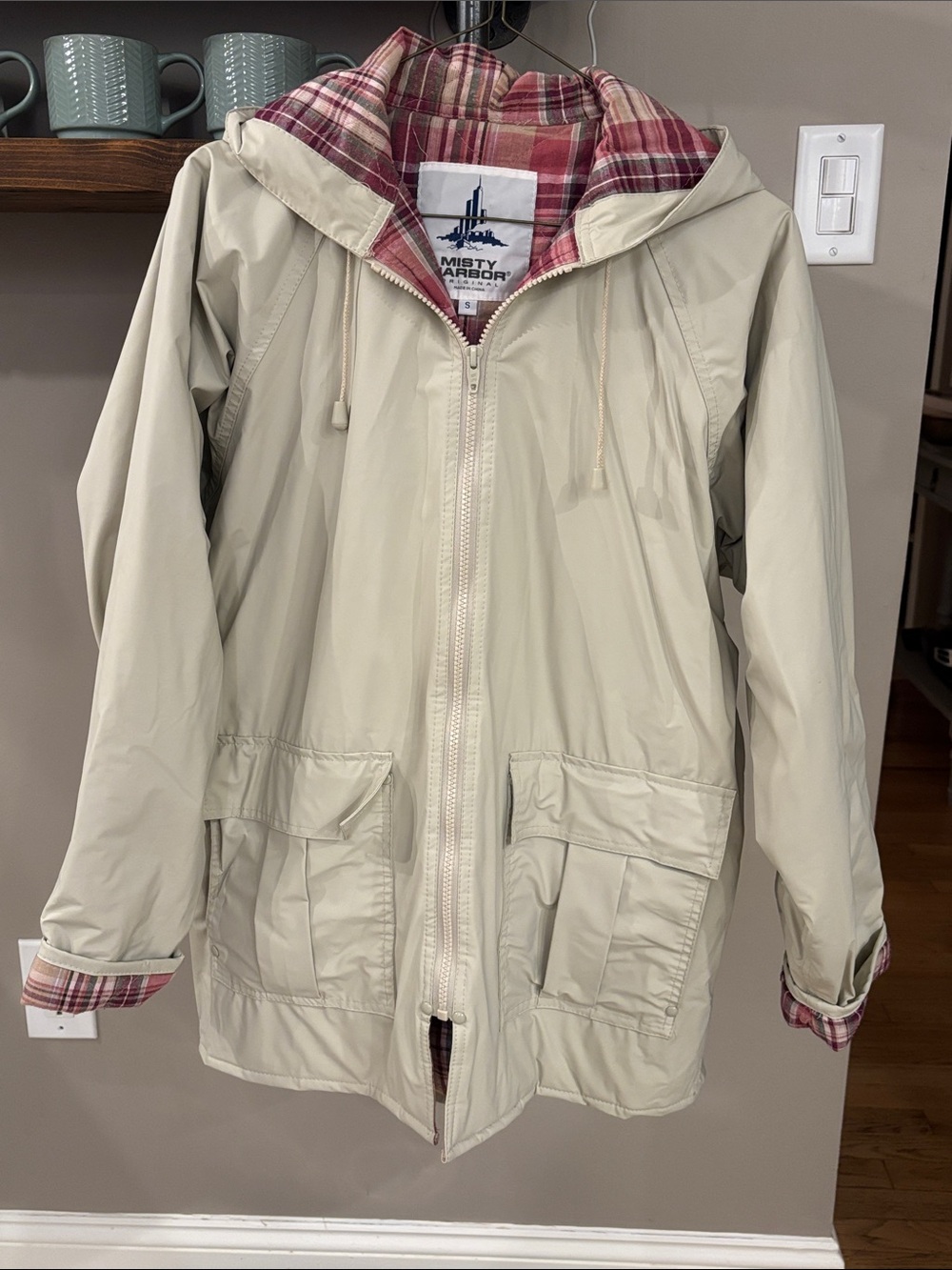 Misty Harbor Women's Cream Hooded Rain Jacket with Plaid Lining